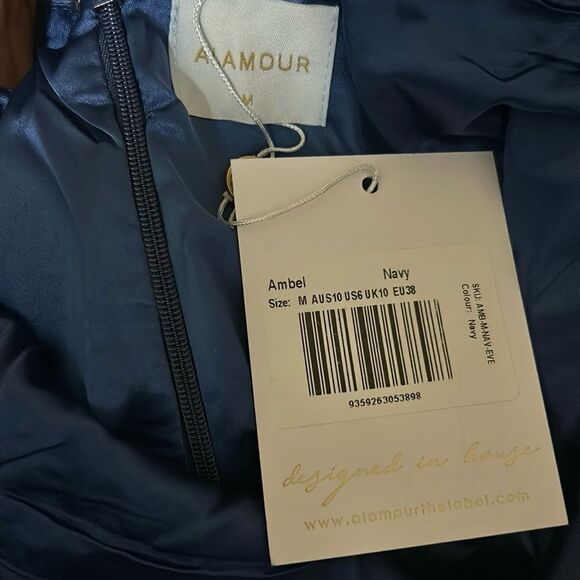 NWT Alamour The Label Ambel Satin Plunge Neckline Front Slit Gown in Navy size M - Picture 13 of 13
